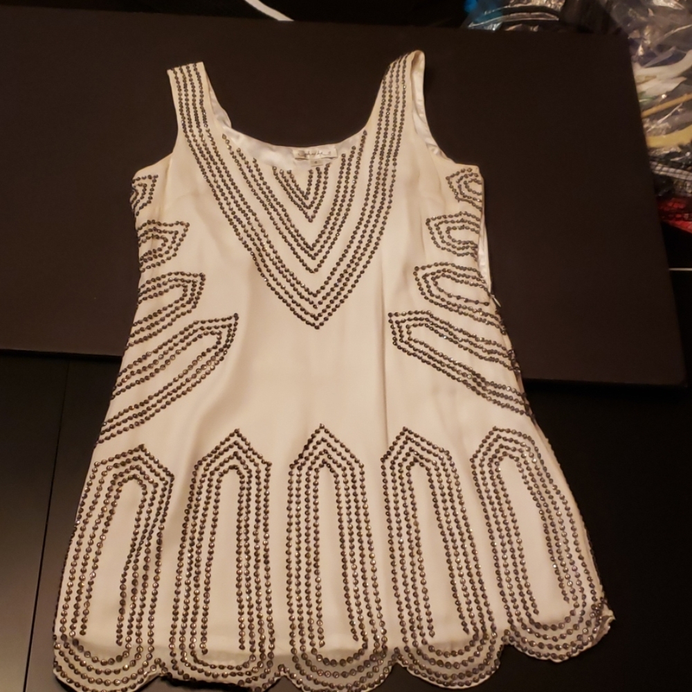 Phoebe Cream Beaded Scalloped Hem Flapper Dress